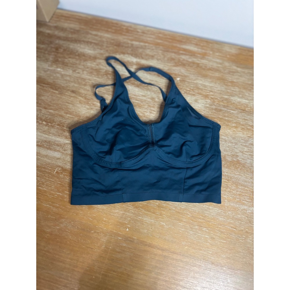 Lululemon Strappy Lace Up Back Longline Sports‎ Bra Teal Blue V-Neck Mesh Trim